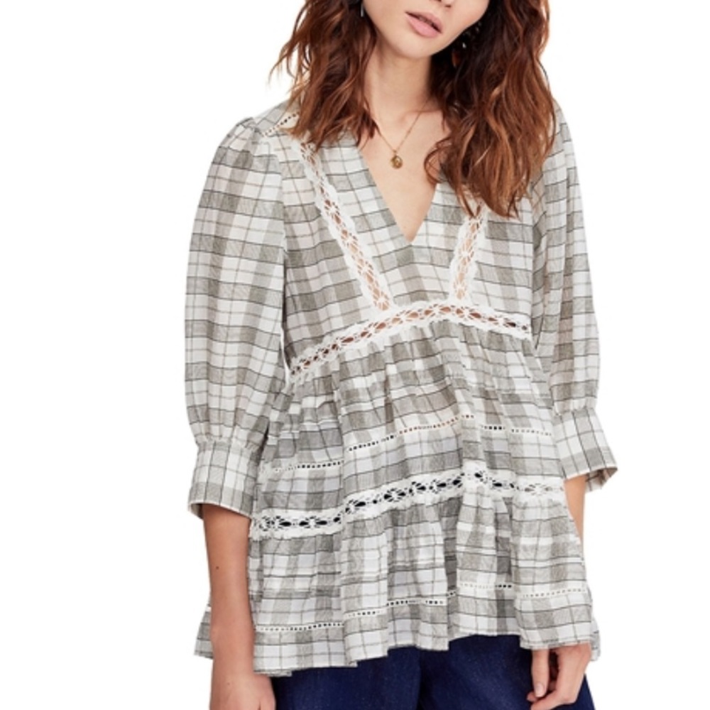 FREE PEOPLE Time Out Plaid Lace Trim Tunic Top Ivory Combo Oversized EUC M